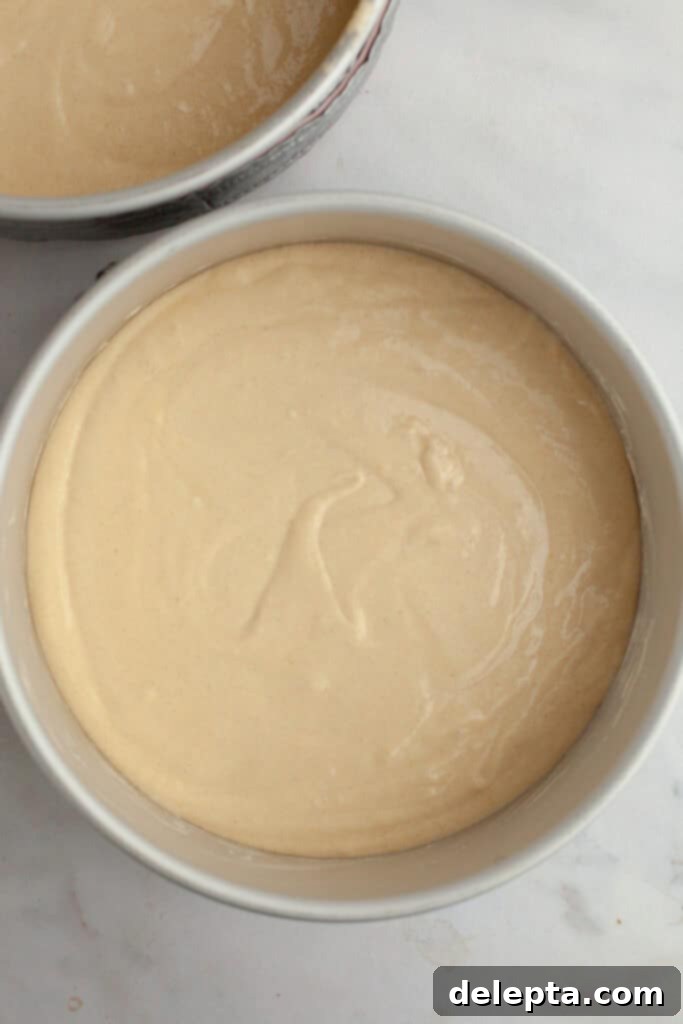 Berry Vanilla Mascarpone Bliss 6 Two round cake pans with unbaked vanilla cake batter, perfectly portioned and ready to go into the oven.