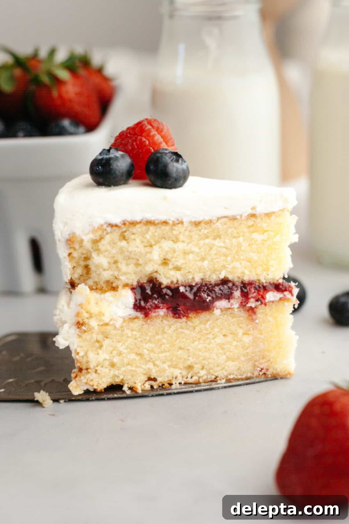 Dreamy 5-Ingredient Mascarpone Whipped Cream Frosting 8 A slice of vanilla sponge cake with white frosting, berry jam filling, and topped with blueberries and a raspberry.