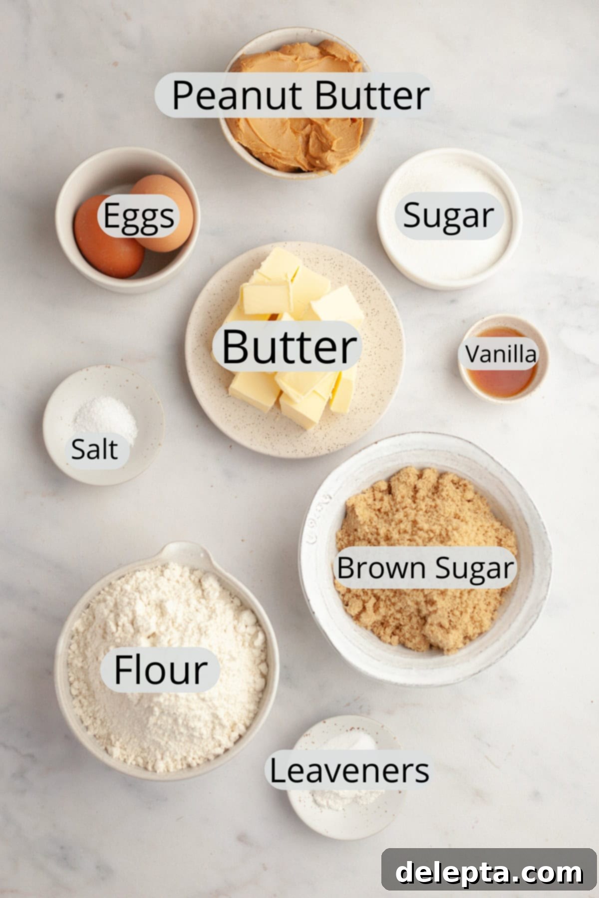 Golden Brown Butter Peanut Butter Cookies Ready Now 3 All the ten key ingredients, accurately weighed into small bowls, ready for making browned butter peanut butter cookies.