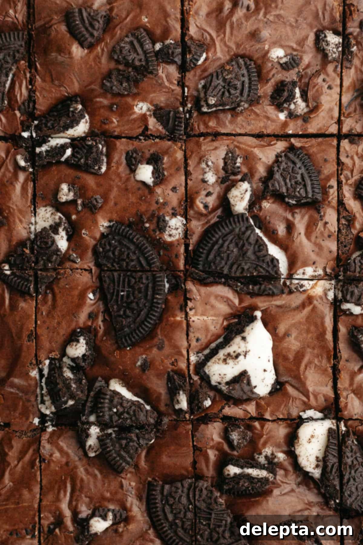 One-Bowl Decadence: Oreo Fudge Brownies 10 An overhead shot of freshly baked Oreo brownies, neatly sliced into perfect squares, ready to serve.