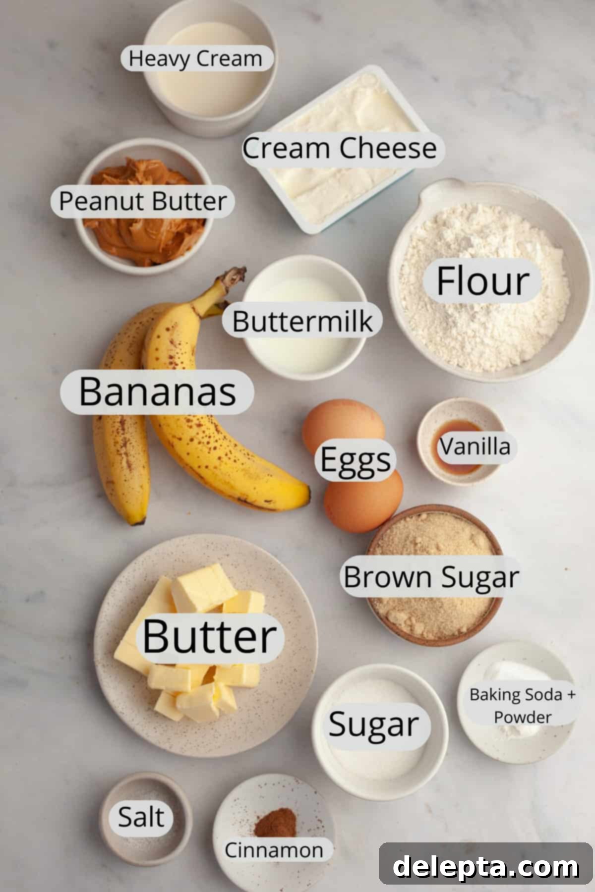 Banana Peanut Butter Bliss 3 All the ingredients needed to make a banana peanut butter cake, weighed out into small bowls for baking preparation.