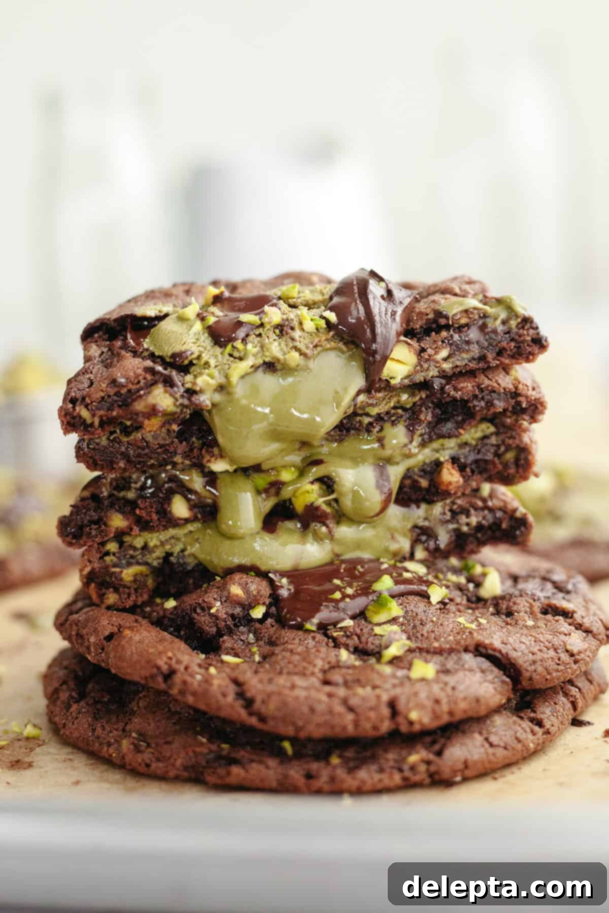 Gooey Pistachio Stuffed One Bowl Chocolate Cookies 2 A stack of rich, fudgy chocolate pistachio cookies, cut in half to reveal a luscious, green pistachio cream filling.