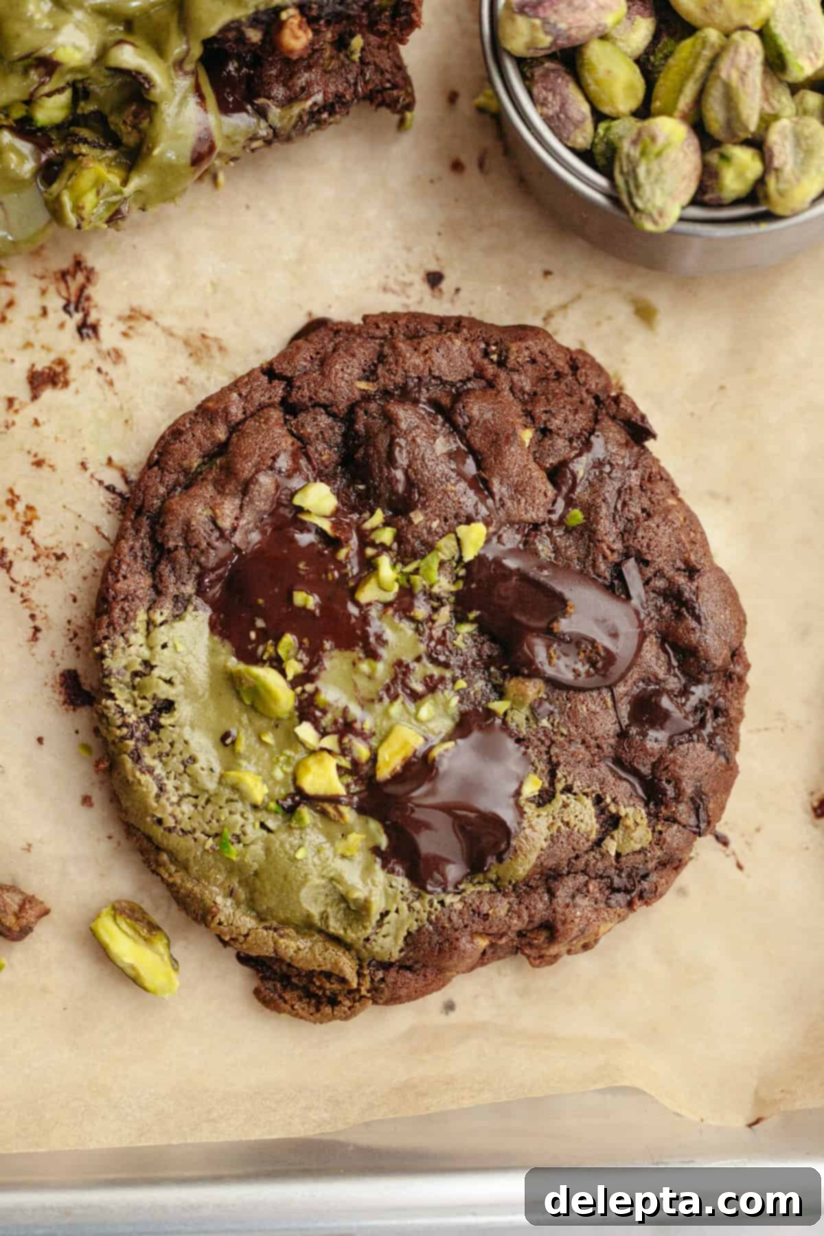 Gooey Pistachio Stuffed One Bowl Chocolate Cookies 12 A close-up shot of a freshly baked, fudgy pistachio chocolate cookie on parchment paper, showing its rich texture and slight cracking.