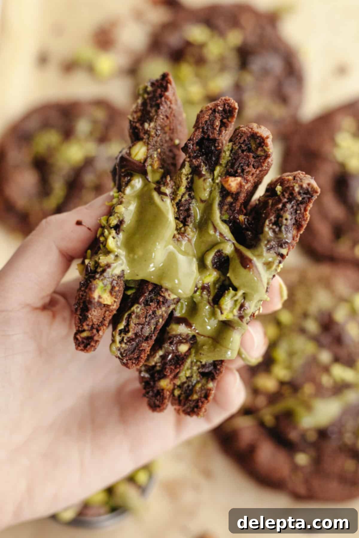 Gooey Pistachio Stuffed One Bowl Chocolate Cookies 13 A hand holding two halves of a perfectly baked chocolate pistachio cookie, showcasing the luscious, gooey pistachio cream center.