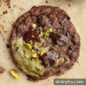 Gooey Pistachio Stuffed One Bowl Chocolate Cookies 14 A close up of a chocolate pistachio cookie, showing a tempting fudgy exterior and hint of green filling.
