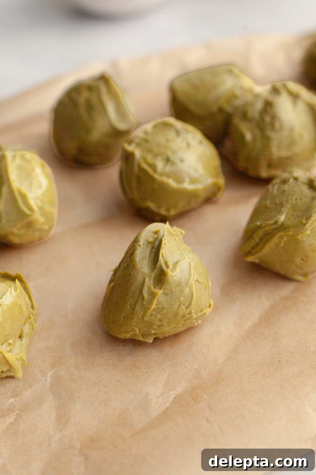 Gooey Pistachio Stuffed One Bowl Chocolate Cookies 4 Scooped balls of pistachio spread neatly arranged on parchment paper, ready to be frozen.