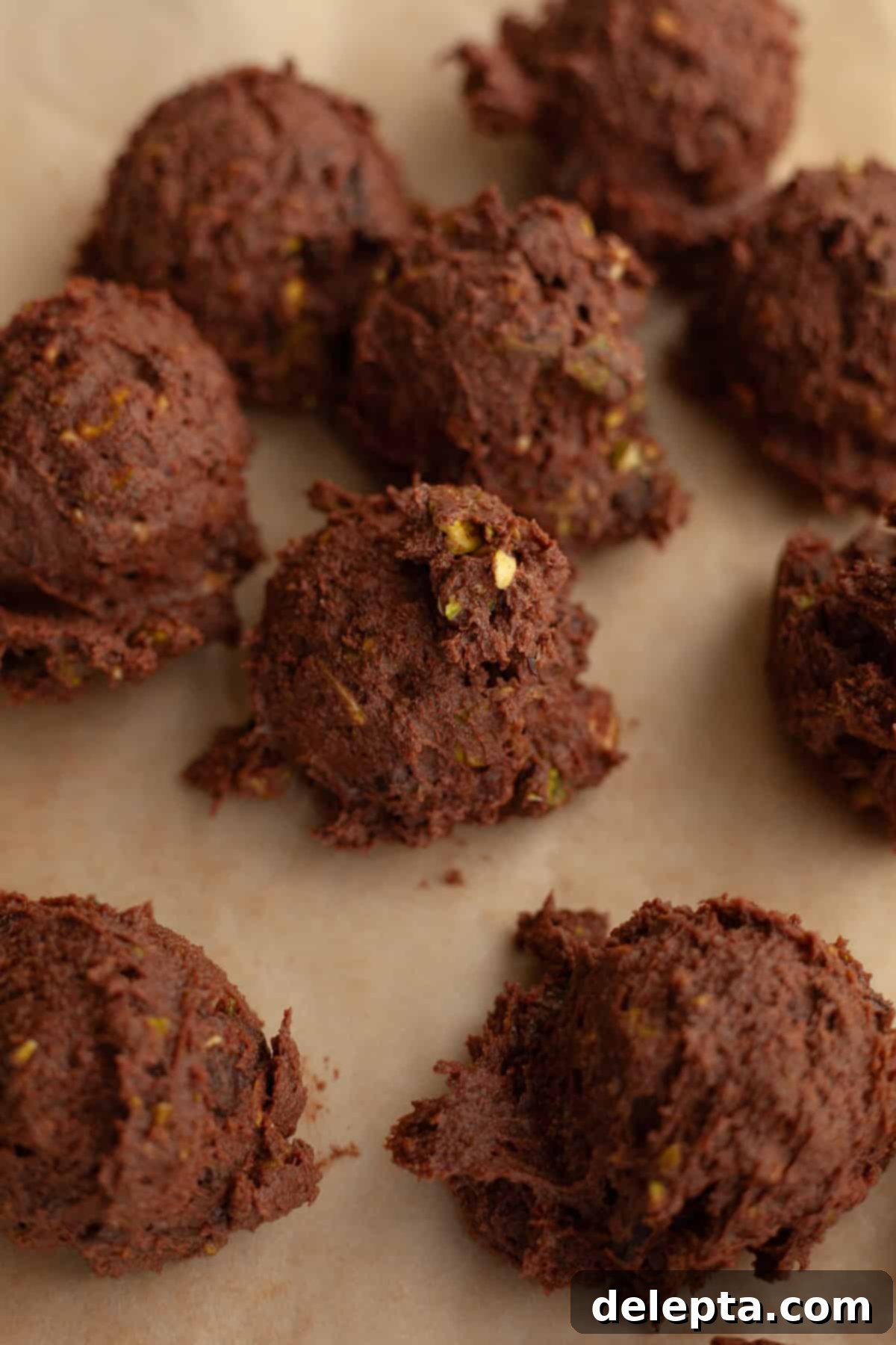 Gooey Pistachio Stuffed One Bowl Chocolate Cookies 9 Uniform balls of chocolate pistachio cookie dough arranged on parchment paper, ready for chilling.