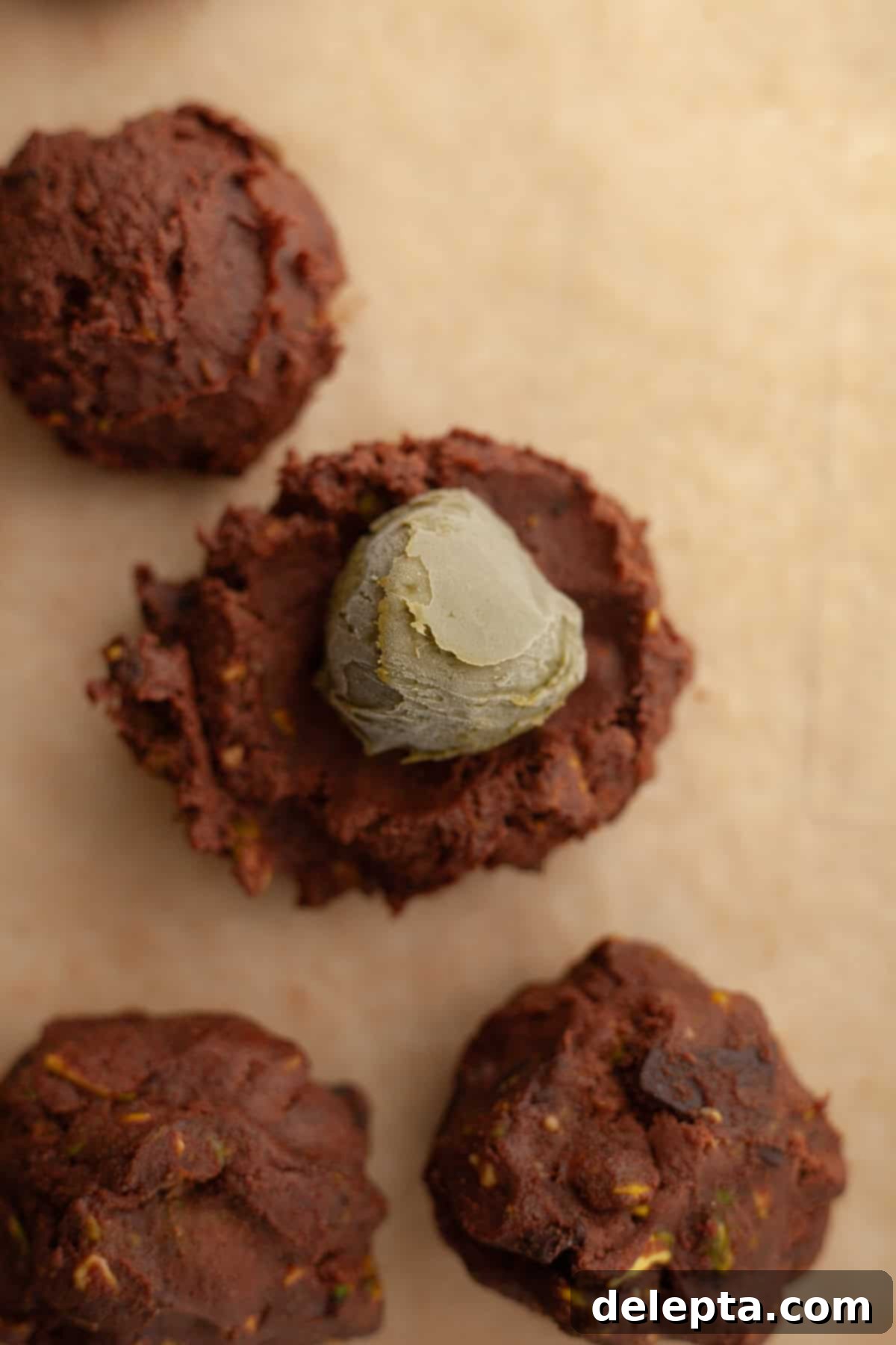 Gooey Pistachio Stuffed One Bowl Chocolate Cookies 10 A chocolate cookie dough ball on parchment paper being flattened, with a frozen pistachio cream ball placed in the center.