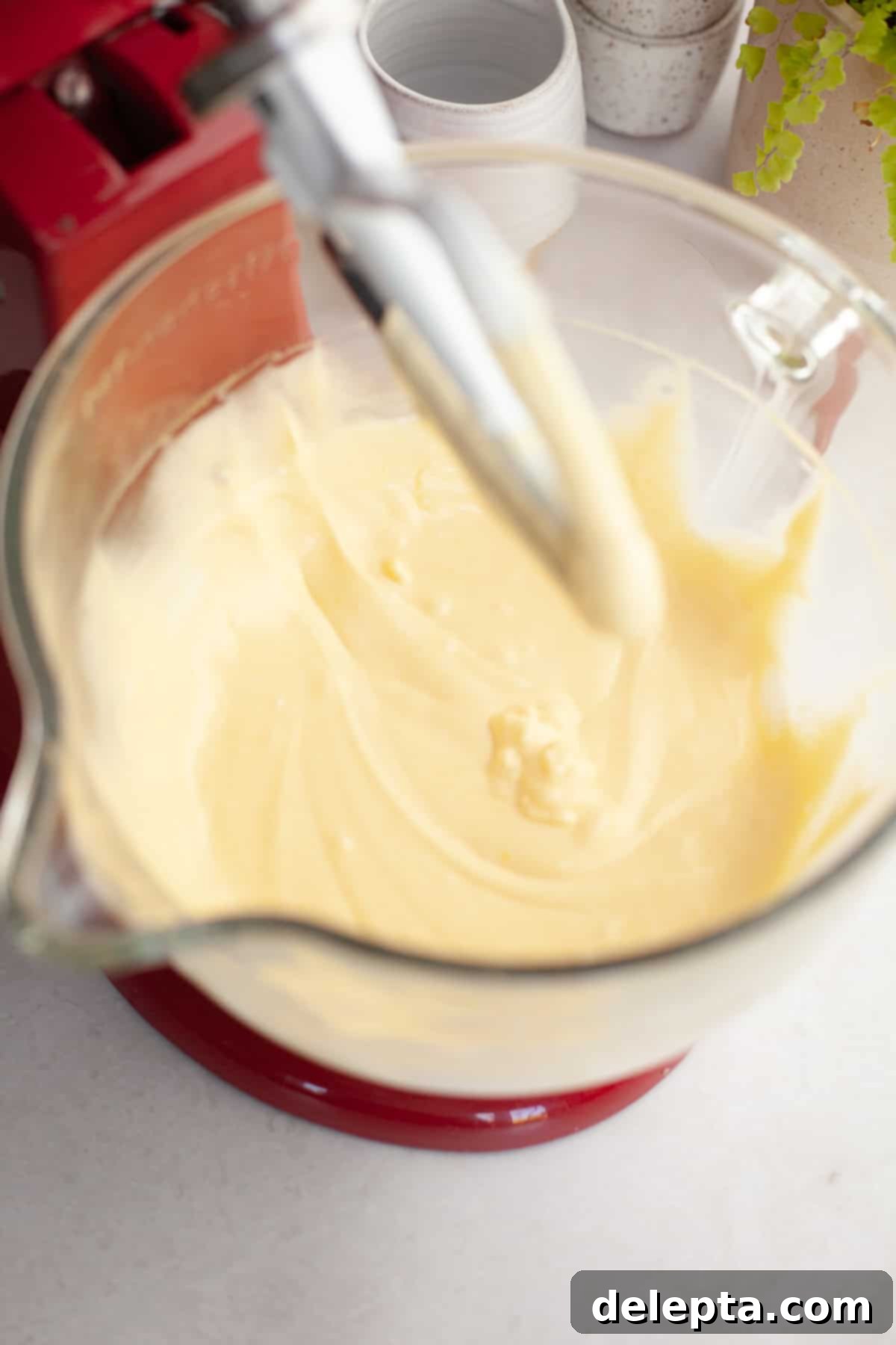 Double Chocolate Chip Sheet Cake 5 Vanilla cake batter in a stand mixer.