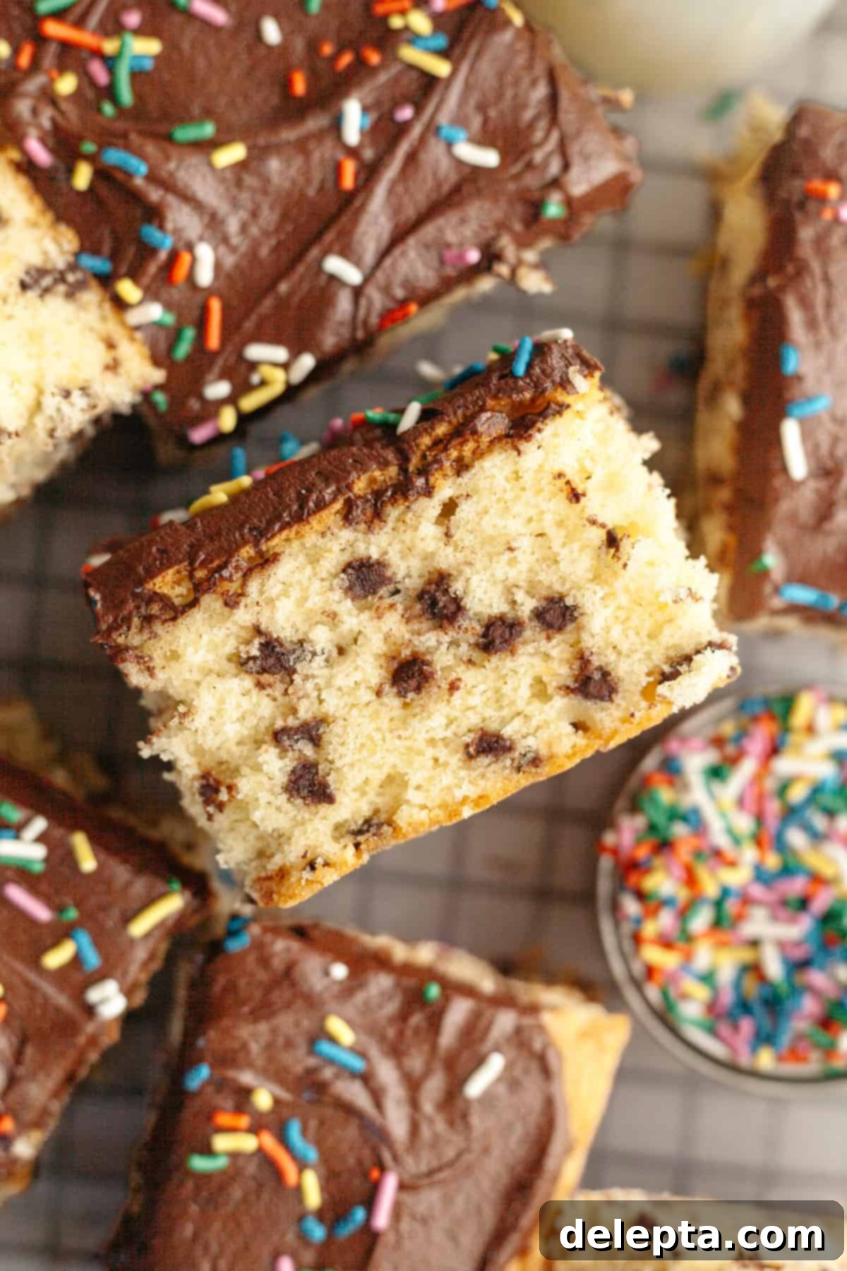 Double Chocolate Chip Sheet Cake 10 A close up of a slice of chocolate chip sheet cake with chocolate frosting.