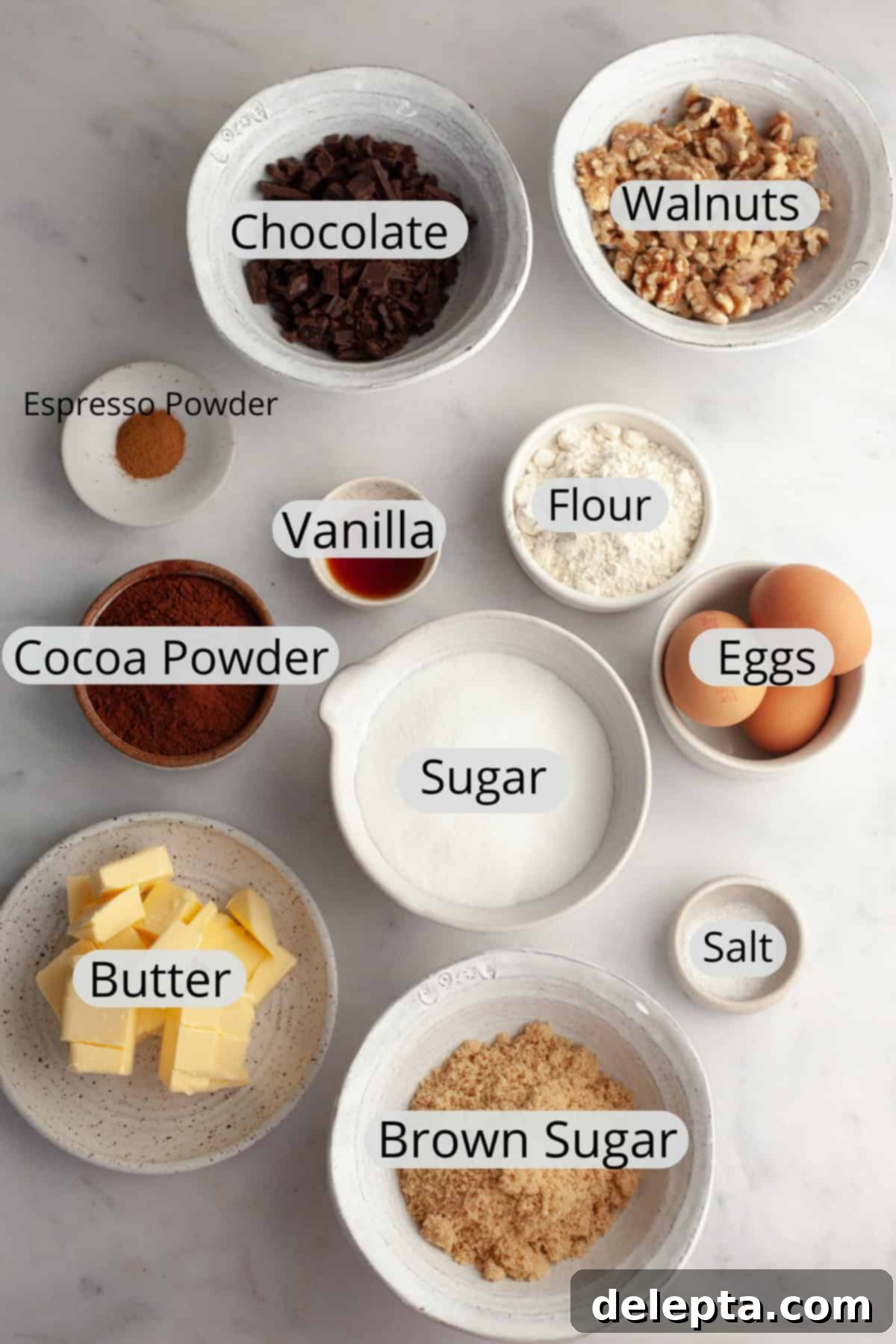One Bowl Wonder Fudgy Walnut Brownies 3 All the ingredients needed to make walnut brownies, weighed out into small bowls.