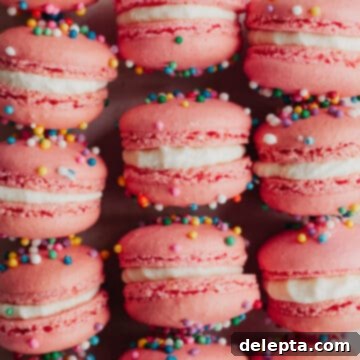 Funfetti Macarons 14 Rows of birthday macarons sprinkled with nonpareil sprinkles, and filled with a white buttercream