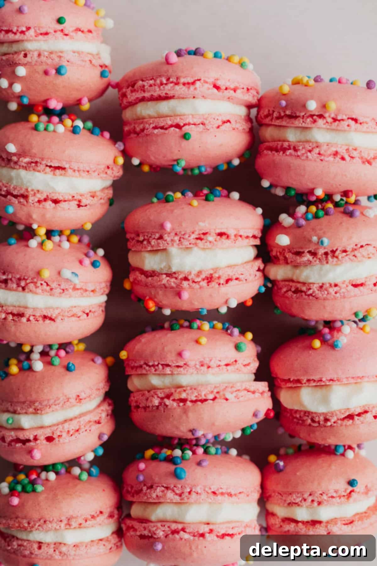 Funfetti Macarons 3 Rows of birthday macarons sprinkled with nonpareil sprinkles, and filled with a white buttercream