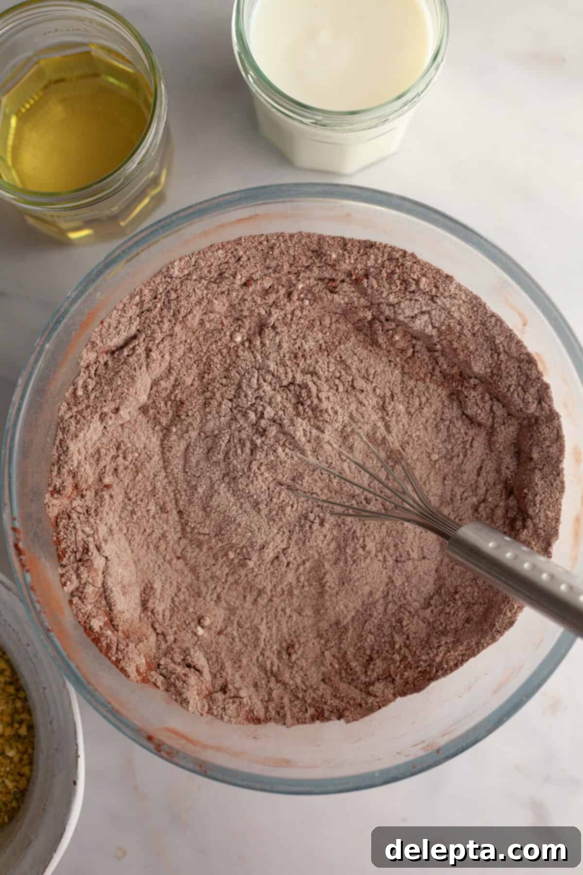 Decadent Chocolate Pistachio Dream Cake 4 A bowl with a whisk and flour and cocoa powder, ready for mixing dry ingredients.