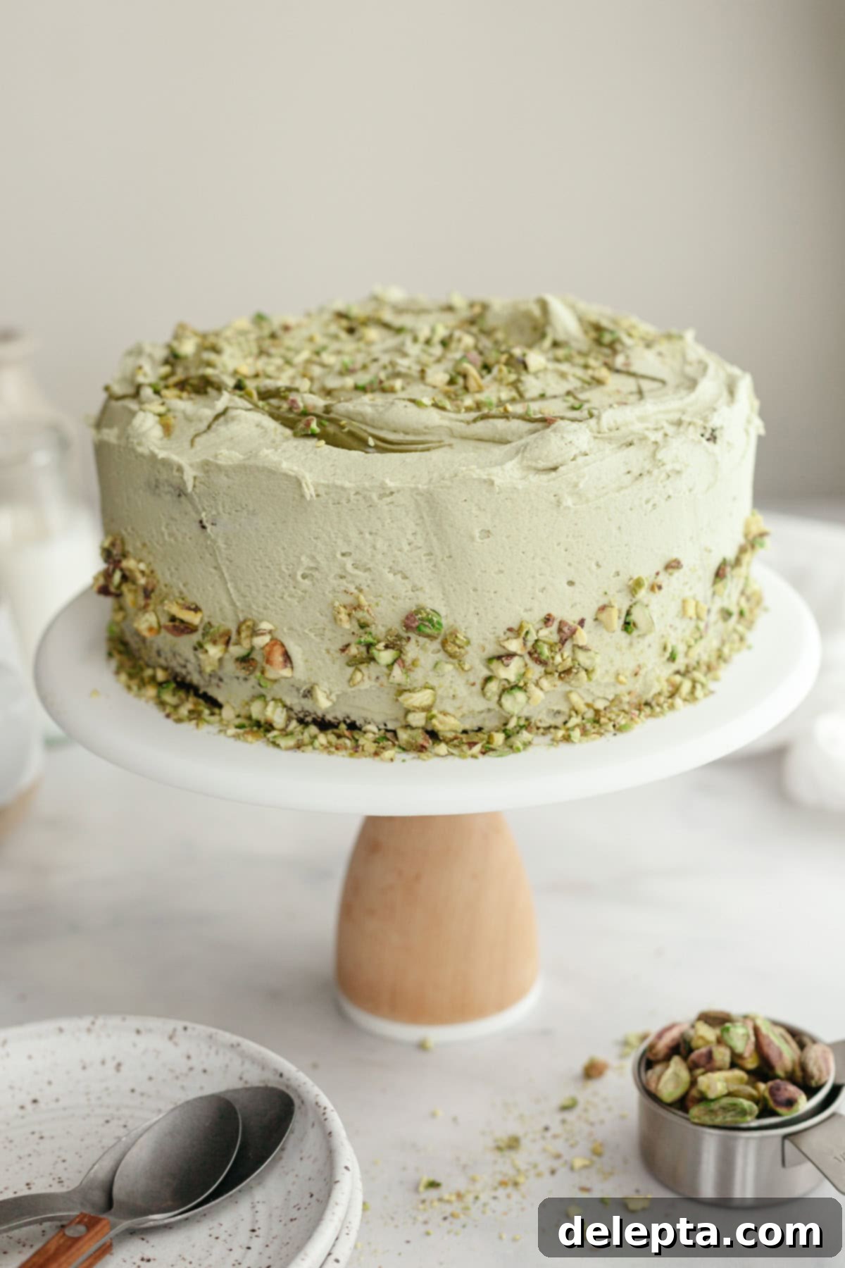 Decadent Chocolate Pistachio Dream Cake 9 A pistachio frosted chocolate cake on a cake stand, ready to be served.