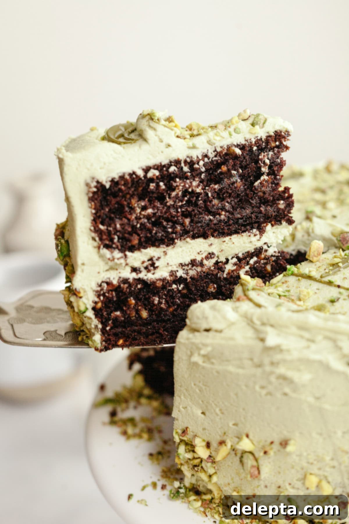 Decadent Chocolate Pistachio Dream Cake 10 A slice of chocolate pistachio cake being lifted out with a silver cake server, revealing the moist layers and creamy frosting.
