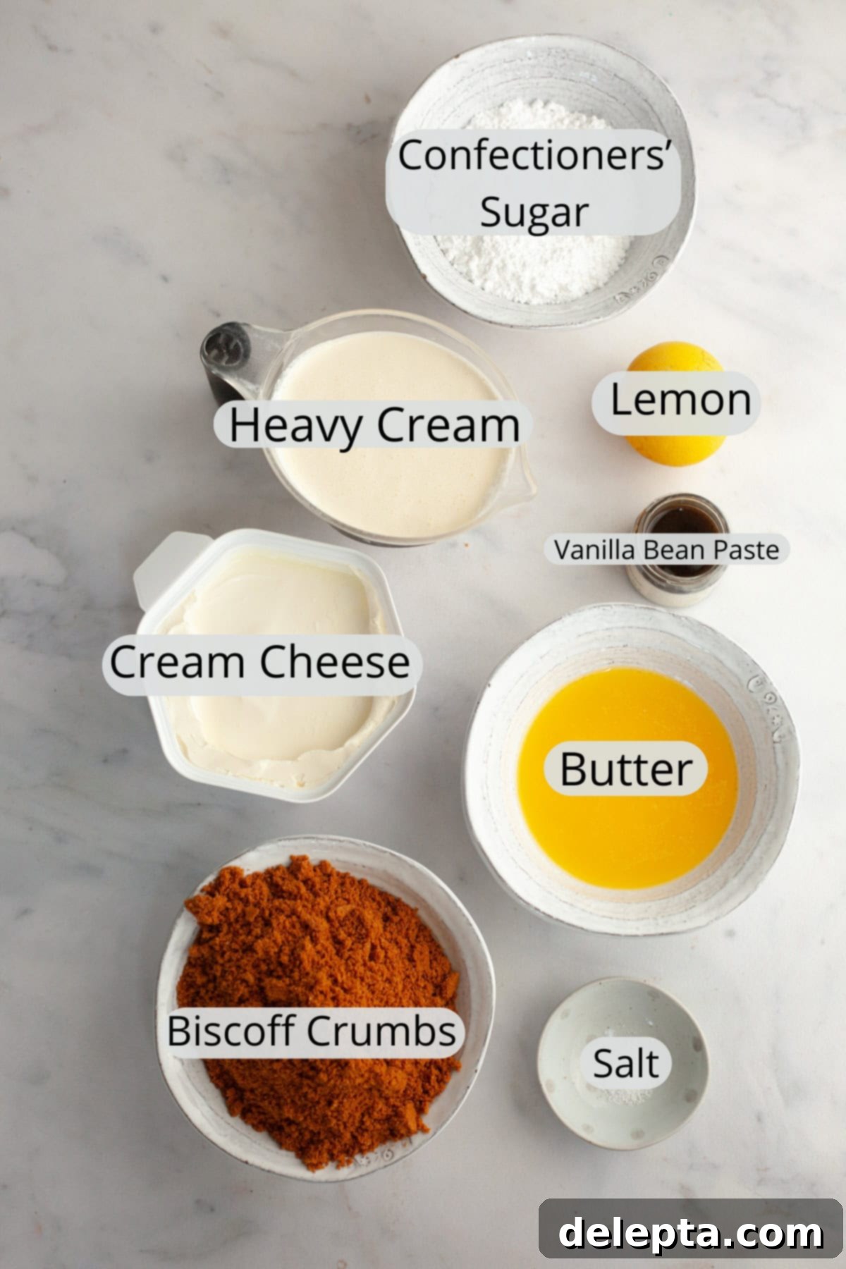 Gelatin-Free No-Bake Vanilla Cheesecake 3 All the ingredients needed to make a no bake vanilla cheesecake, weighed out into small bowls.