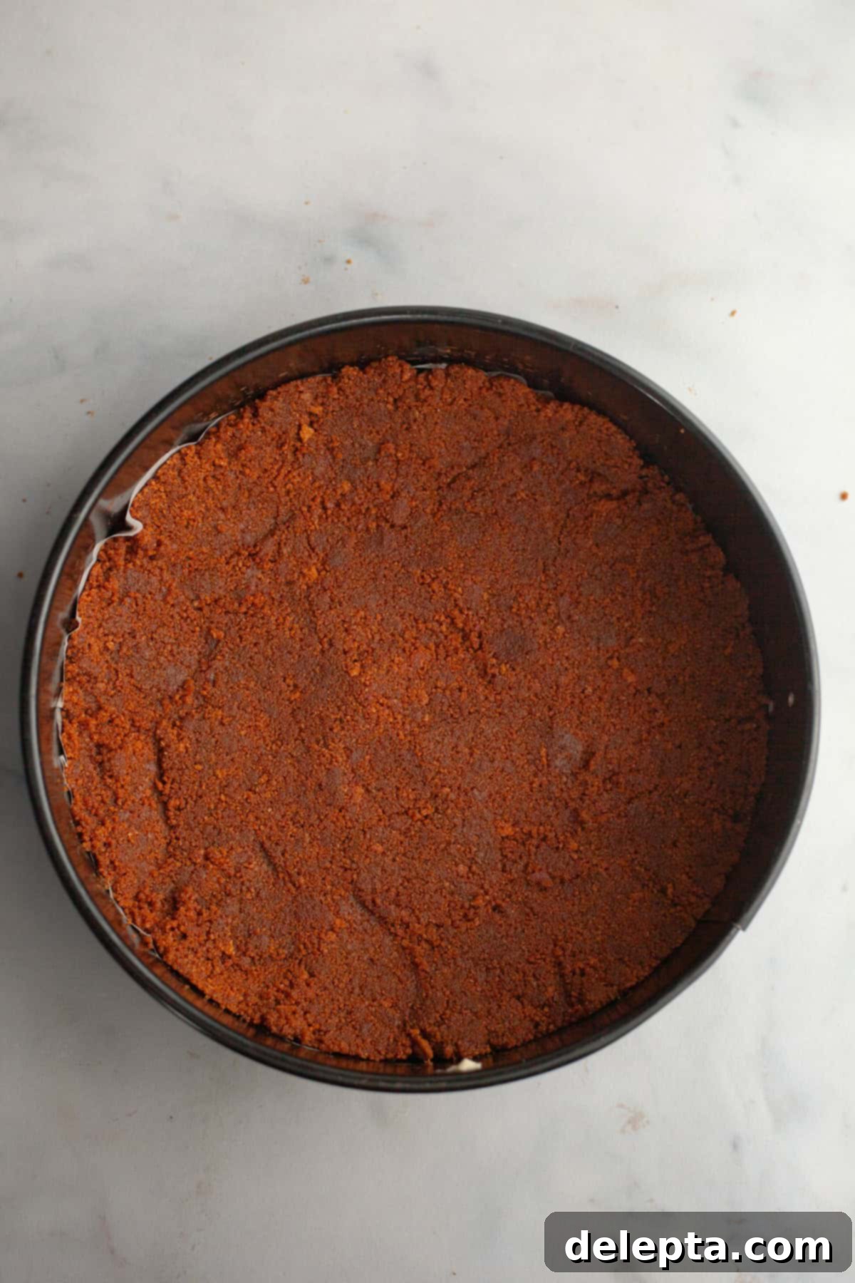 Gelatin-Free No-Bake Vanilla Cheesecake 4 A cheesecake pan with a biscoff cookie crust.