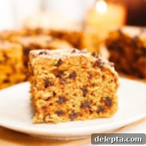Easy One-Bowl Chocolate Chip Pumpkin Cake 10 A close up of a square slice of pumpkin chocolate chip cake on a small plate.