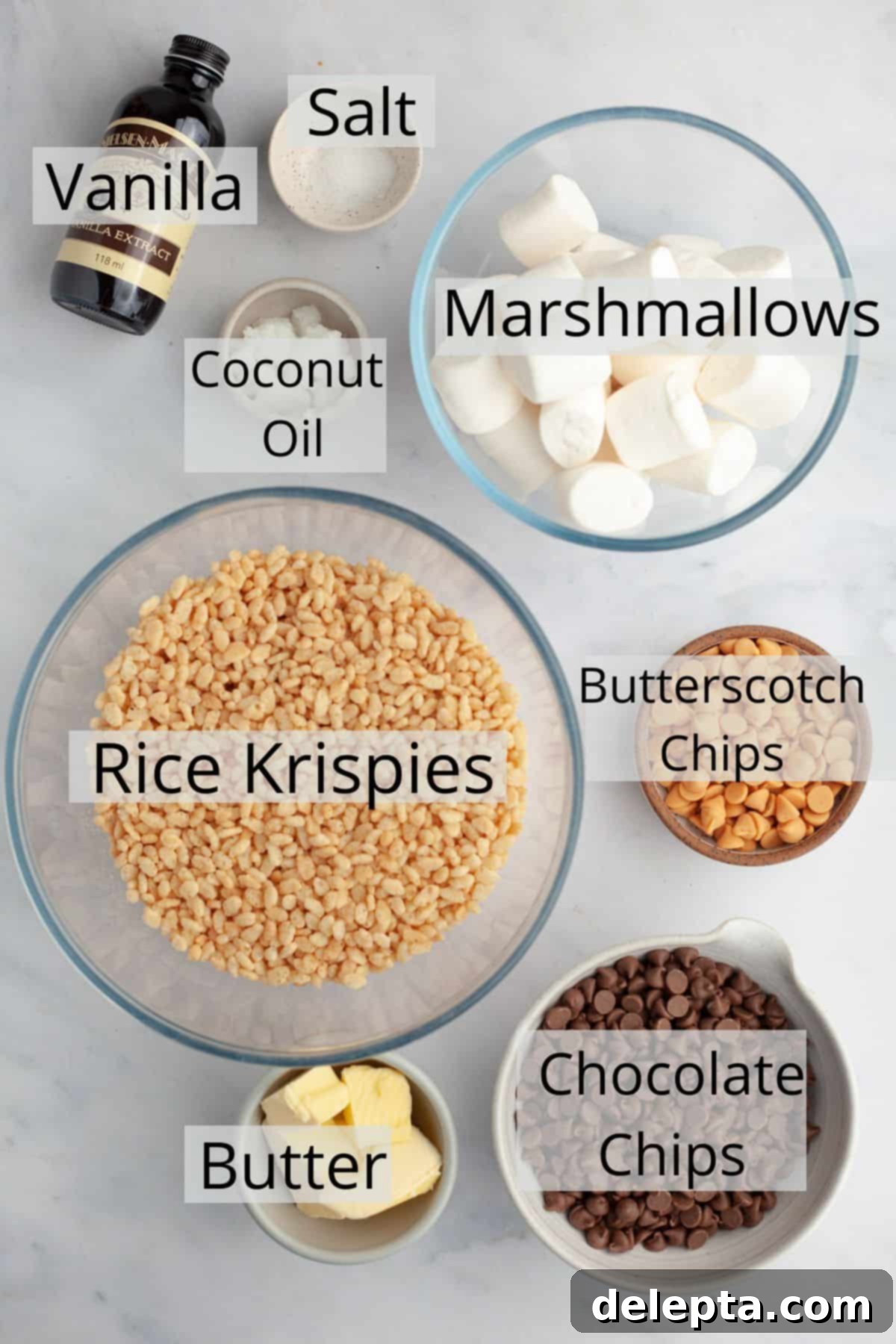 Sweet Chocolate Crispy Delights 3 Bowls of ingredients including rice krispie cereal, chocolate chips, butterscotch chips, marshmallows, and butter, ready for making treats.