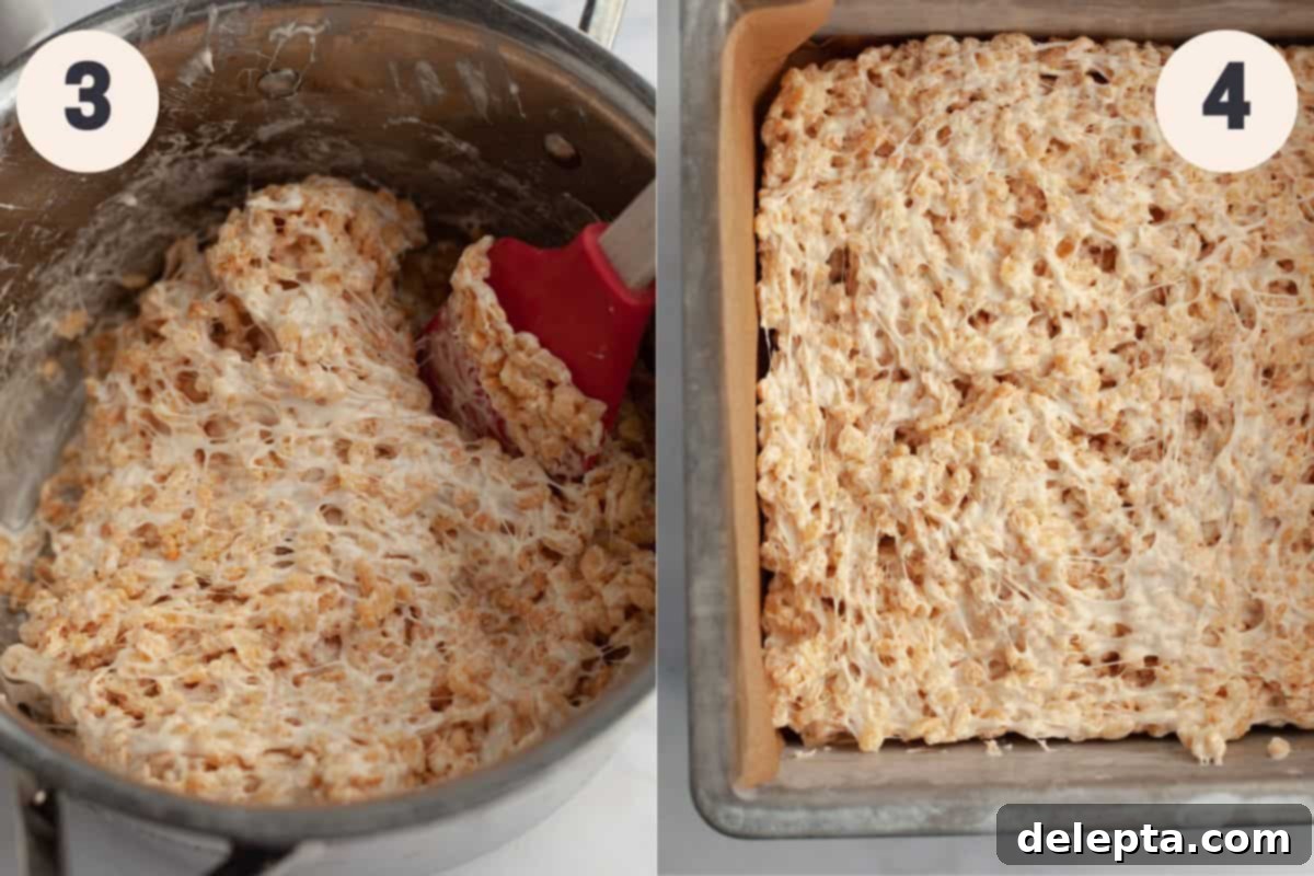 Sweet Chocolate Crispy Delights 5 Next two steps of making chocolate covered rice krispie treats: mixing cereal with marshmallow and pressing into pan.
