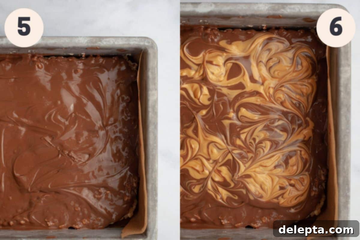 Sweet Chocolate Crispy Delights 6 Final steps of making chocolate covered rice krispie treats: melting chocolate, spreading it, then adding butterscotch swirl.