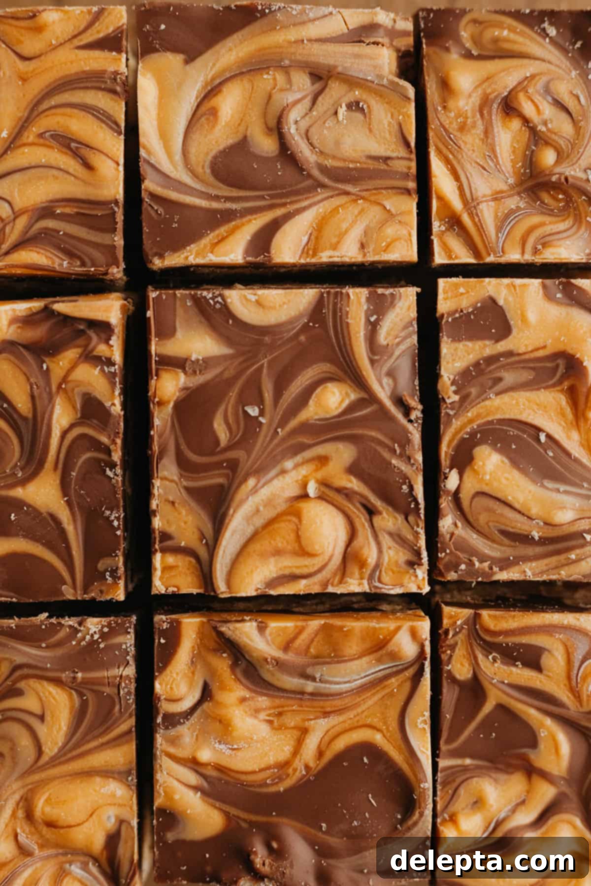 Sweet Chocolate Crispy Delights 7 An overhead shot showcasing beautifully swirled chocolate and butterscotch on Rice Krispie treats, ready to be cut.