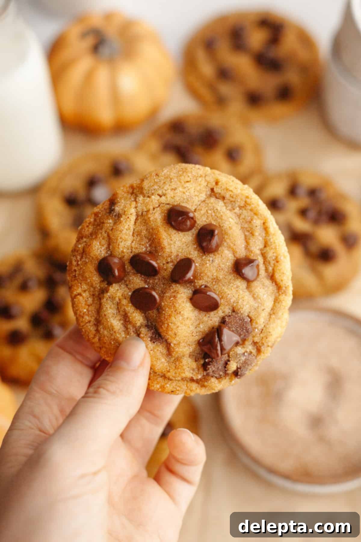 Nutty Brown Butter Pumpkin Chocolate Chip Cookies 11 A hand holding a pumpkin chocolate chip cookie.