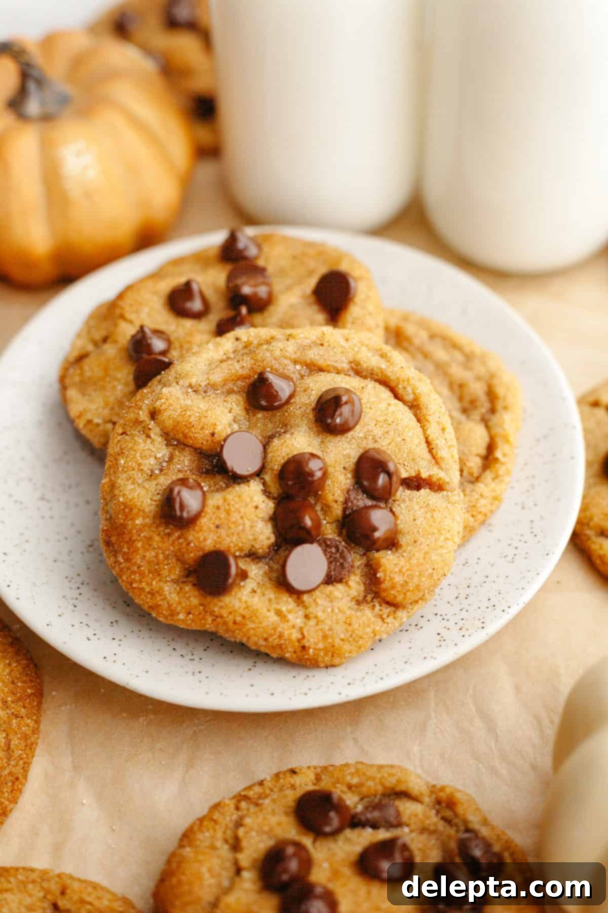 Nutty Brown Butter Pumpkin Chocolate Chip Cookies 10 Three browned butter pumpkin chocolate chip cookies on a small plate.