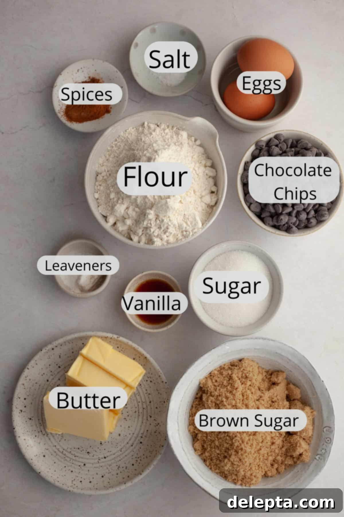 Nutty Brown Butter Chocolate Chip Cinnamon Cookies 3 All the ingredients carefully weighed and displayed in small bowls, ready for making brown butter chocolate chip cinnamon cookies.