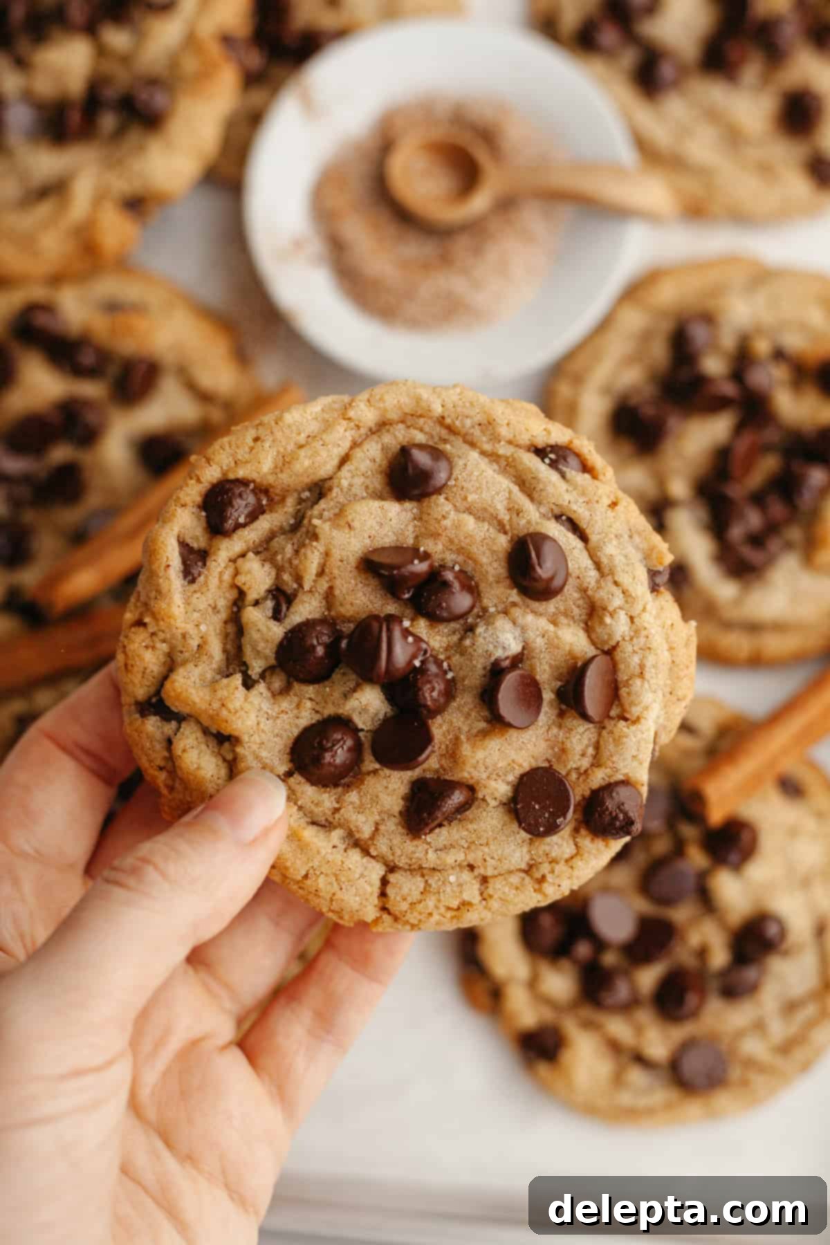 Nutty Brown Butter Chocolate Chip Cinnamon Cookies 10 A hand gently holding a warm, freshly baked cinnamon chocolate chip cookie, highlighting its soft texture and melty chocolate.