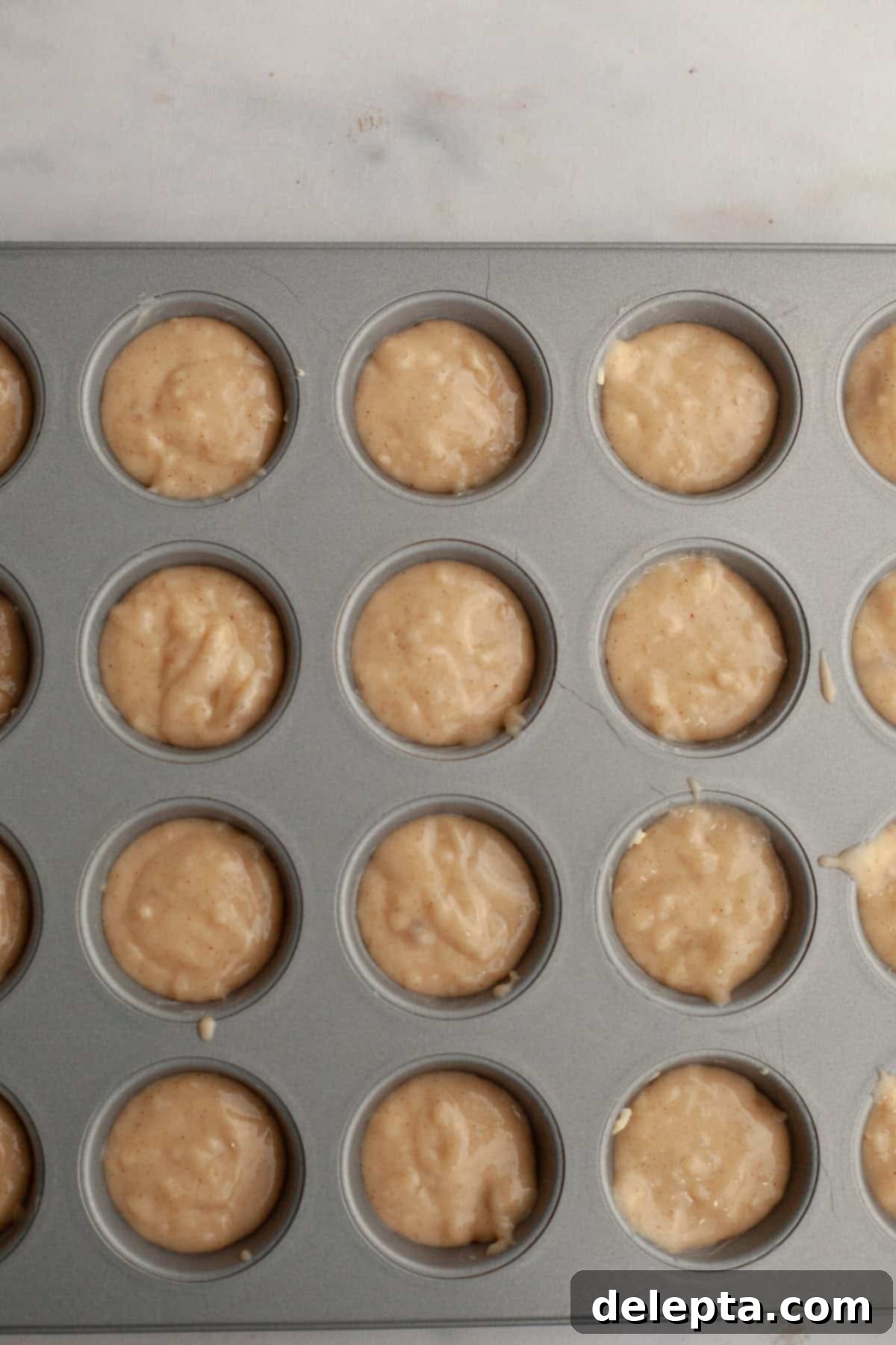 Bite-Sized Cinnamon Bliss 6 Mini muffin pan filled with unbaked muffin batter.
