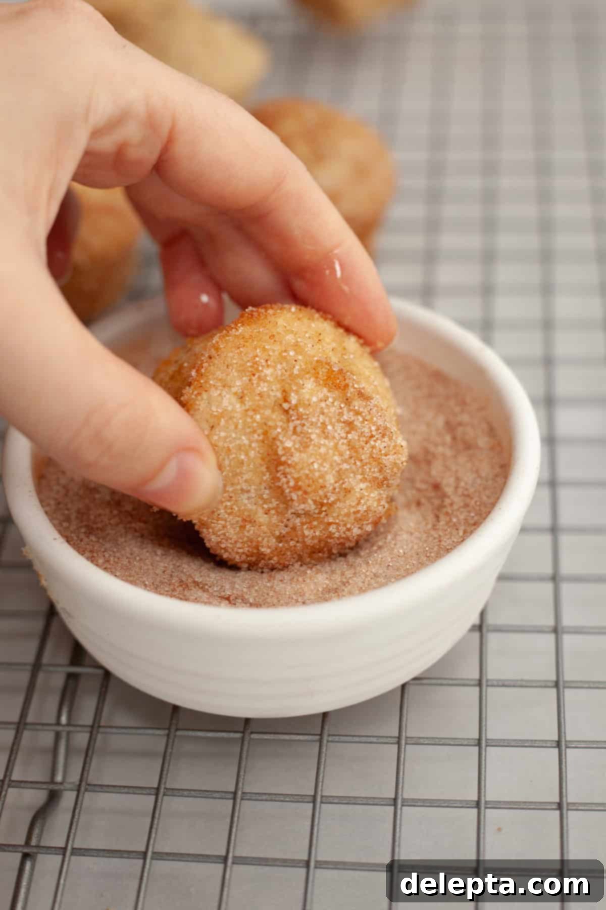 Bite-Sized Cinnamon Bliss 7 A hand rolling a mini muffin in cinnamon sugar.