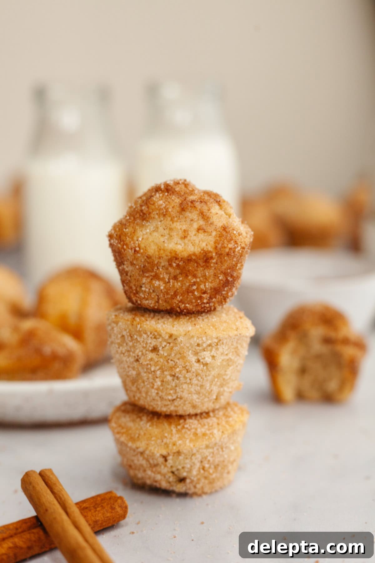 Bite-Sized Cinnamon Bliss 8 A stack of three cinnamon sugar mini muffins.