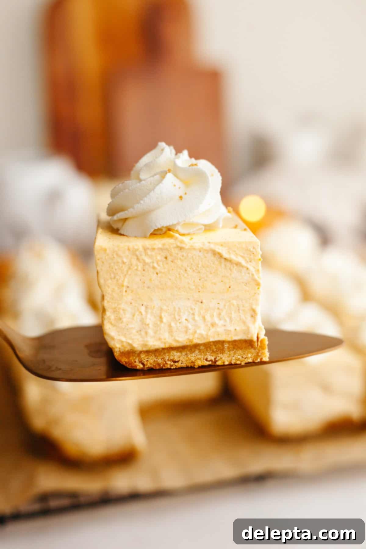 Spiced No-Bake Pumpkin Cheesecake Bars 11 A close up of no bake pumpkin cheesecake bars topped with whipped cream, showing the perfectly smooth filling and crunchy crust.