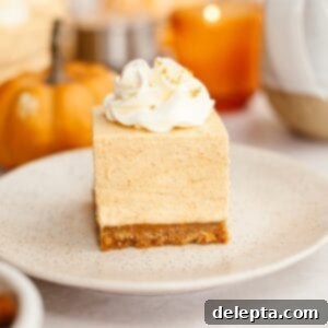 Spiced No-Bake Pumpkin Cheesecake Bars 12 A perfectly sliced no bake pumpkin cheesecake bar on a small plate, adorned with a dollop of whipped cream, inviting you to take a bite.