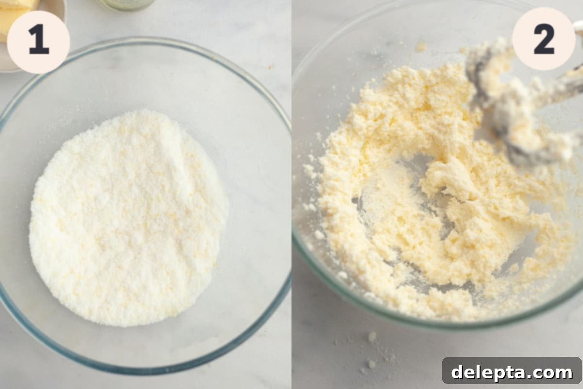 Sunshine Lemon Poppy Seed Cupcakes 5 Two bowls side-by-side: one with granulated sugar mixed with lemon zest, appearing pale yellow, and another with creamed butter, oil, and lemon sugar, light and fluffy.