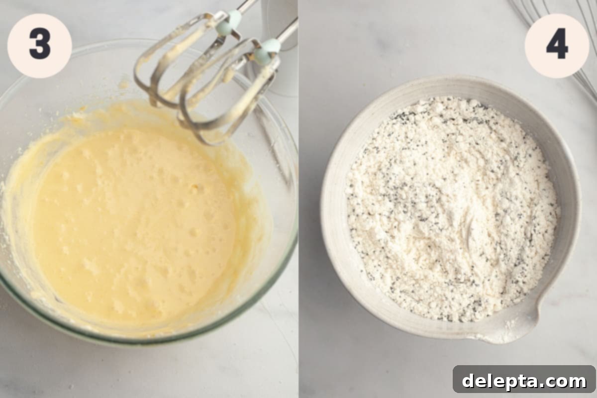 Sunshine Lemon Poppy Seed Cupcakes 6 Two bowls: one with smooth, pale yellow cupcake batter, and another smaller bowl containing pre-mixed dry ingredients including flour and poppy seeds.