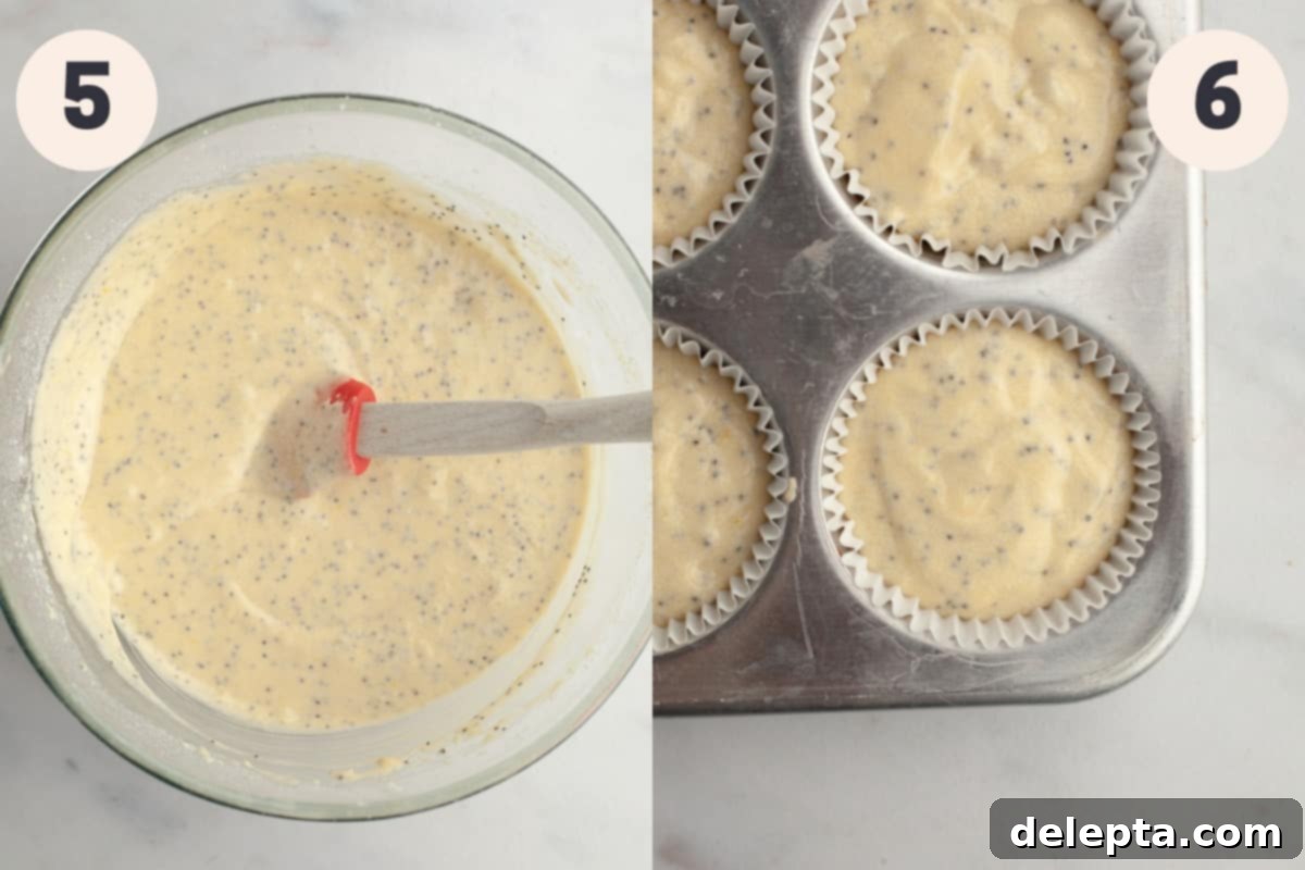 Sunshine Lemon Poppy Seed Cupcakes 7 A bowl of lemon poppy seed cupcake batter with a smooth consistency, and a close-up of unbaked cupcake batter neatly scooped into paper liners in a muffin pan.