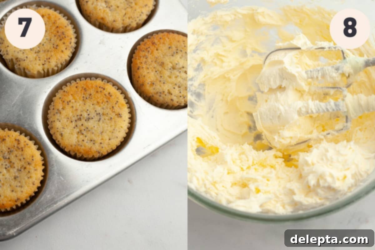 Sunshine Lemon Poppy Seed Cupcakes 8 A pan of freshly baked lemon poppy seed cupcakes cooling, and a bowl containing creamed butter and confectioners' sugar for the frosting.