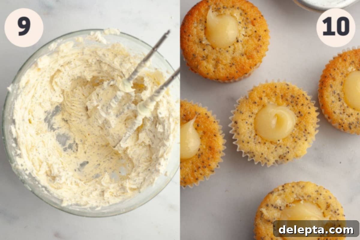 Sunshine Lemon Poppy Seed Cupcakes 9 A bowl of creamy lemon poppy seed frosting, and a close-up of a cored cupcake being filled with bright yellow lemon curd using a piping bag.