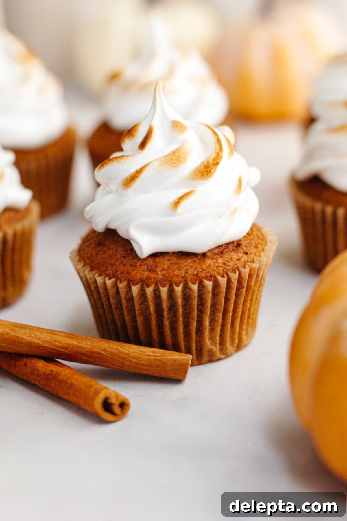 Spiced Pumpkin Cupcakes with Whipped Marshmallow Frosting 12 A cluster of beautifully frosted pumpkin cupcakes with toasted marshmallow meringue, ready for serving.