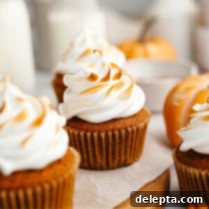 Spiced Pumpkin Cupcakes with Whipped Marshmallow Frosting 13 Pumpkin cupcakes with toasted marshmallow frosting.