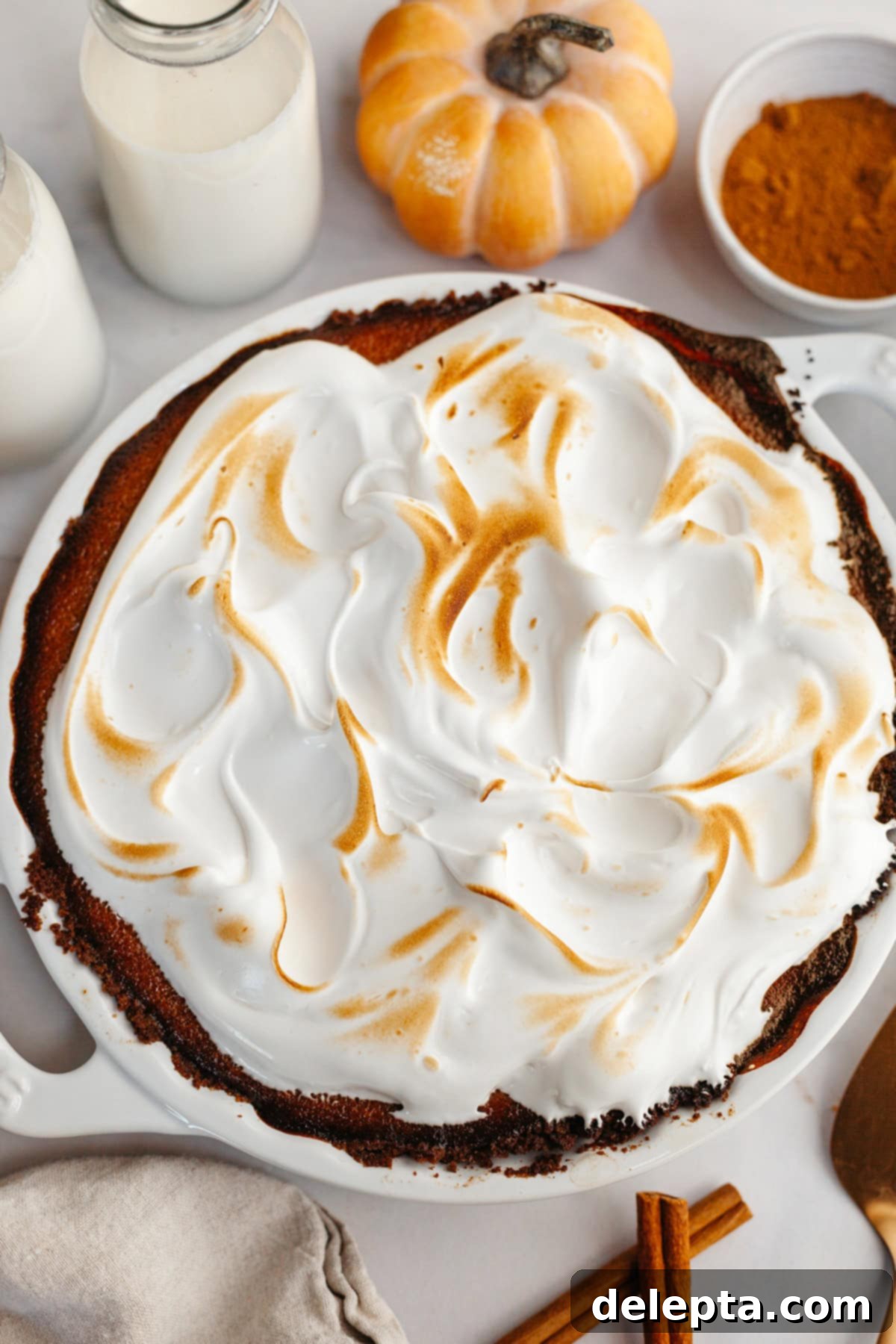 Decadent Brown Butter Pumpkin Pie with Gingersnap Perfection 11 An overhead shot of a complete brown butter pumpkin pie, generously covered in toasted marshmallow meringue, showcasing its beautiful texture.