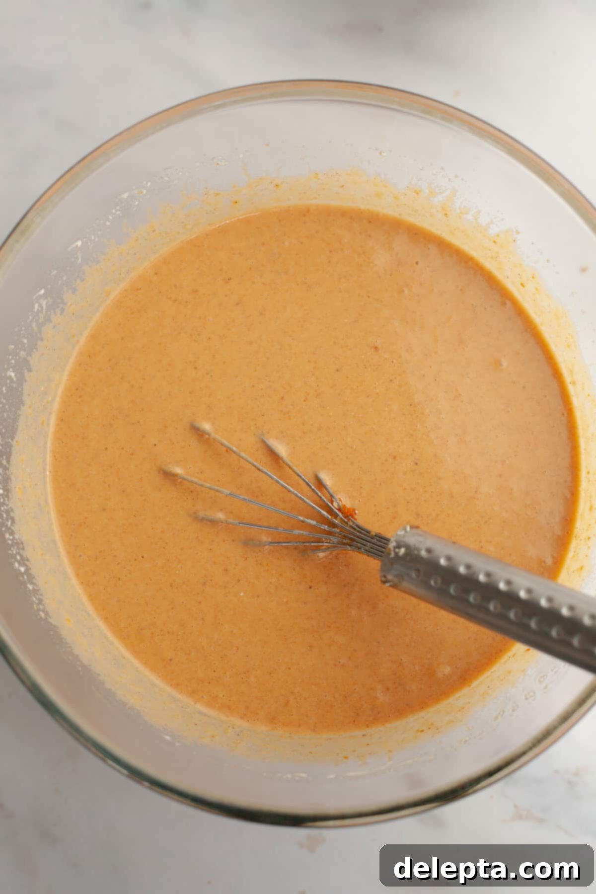 Decadent Brown Butter Pumpkin Pie with Gingersnap Perfection 7 Smooth, creamy pumpkin pie filling in a large glass bowl with a whisk resting inside, showing its ready-to-pour consistency.