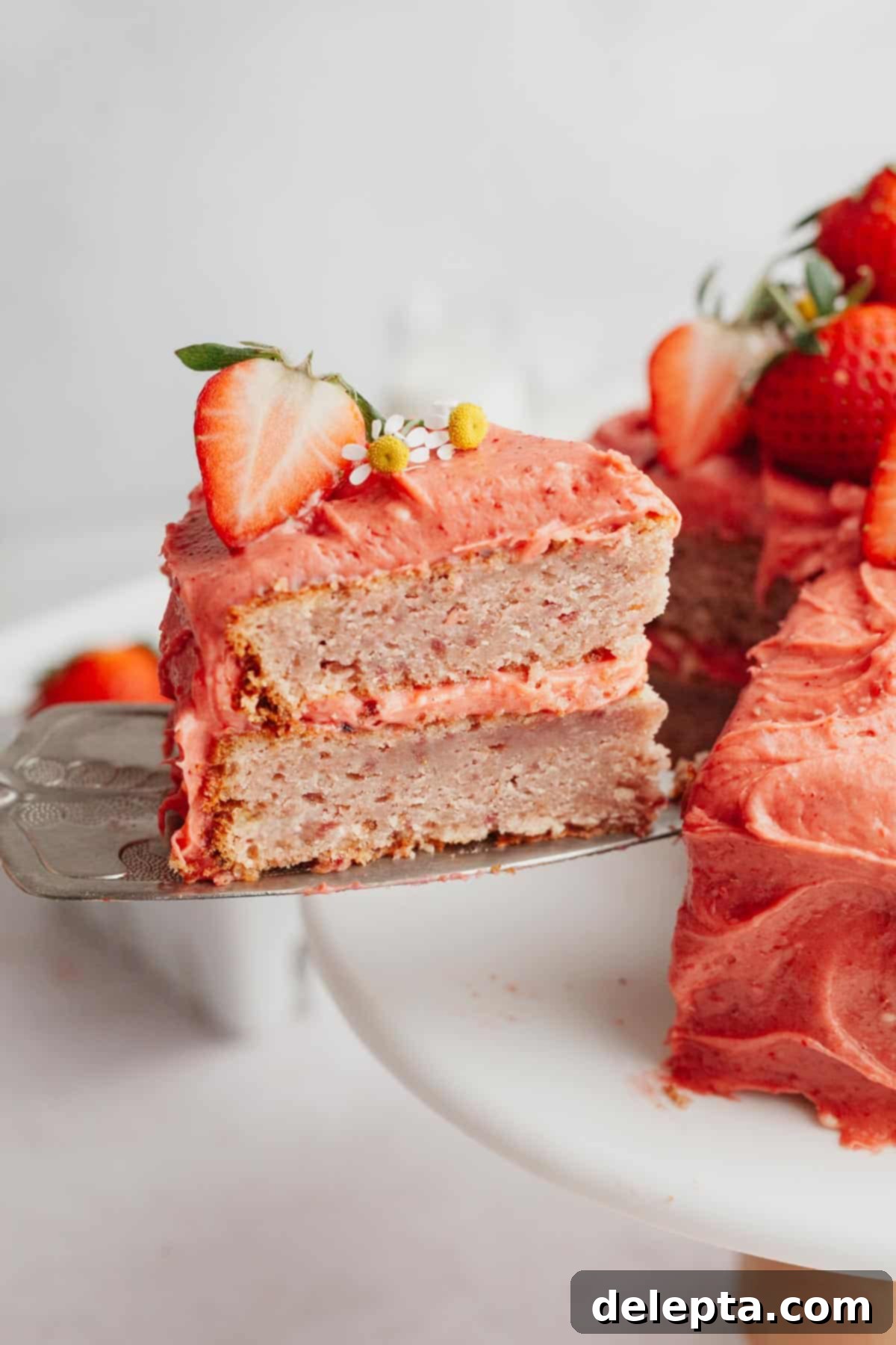 Strawberry Velvet Cake 11 A perfect slice of moist strawberry cake with strawberry cream cheese frosting, showing multiple layers and a vibrant pink color.