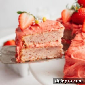 Strawberry Velvet Cake 12 A generous slice of vibrant pink strawberry cake, topped with creamy strawberry frosting and fresh strawberry pieces.
