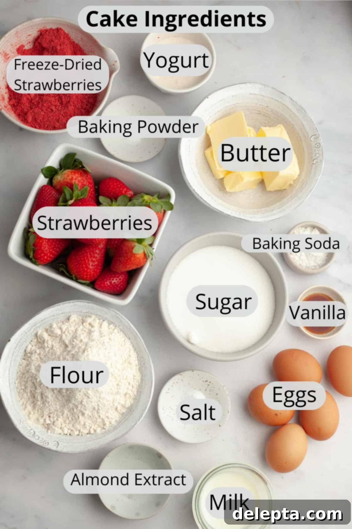 Strawberry Velvet Cake 3 Various dry and wet ingredients for strawberry cake, carefully measured into small bowls, including flour, sugar, butter, eggs, and fresh strawberries.