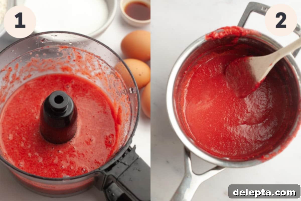 Strawberry Velvet Cake 5 Fresh strawberries being blended in a food processor and then simmering in a small saucepan to reduce into a concentrated puree.