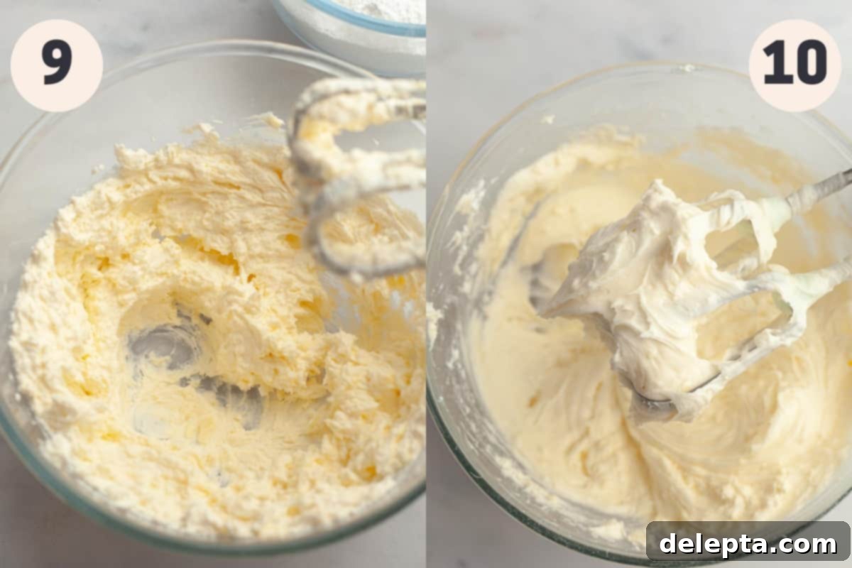 Strawberry Velvet Cake 9 Softened butter and cold cream cheese being creamed together in a large mixing bowl for the strawberry frosting.